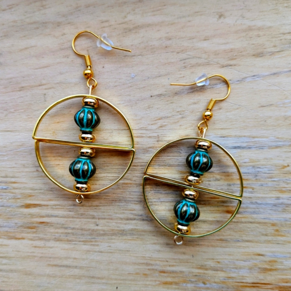 Gold-plated Half Circle with Gold and Green Metal Beads